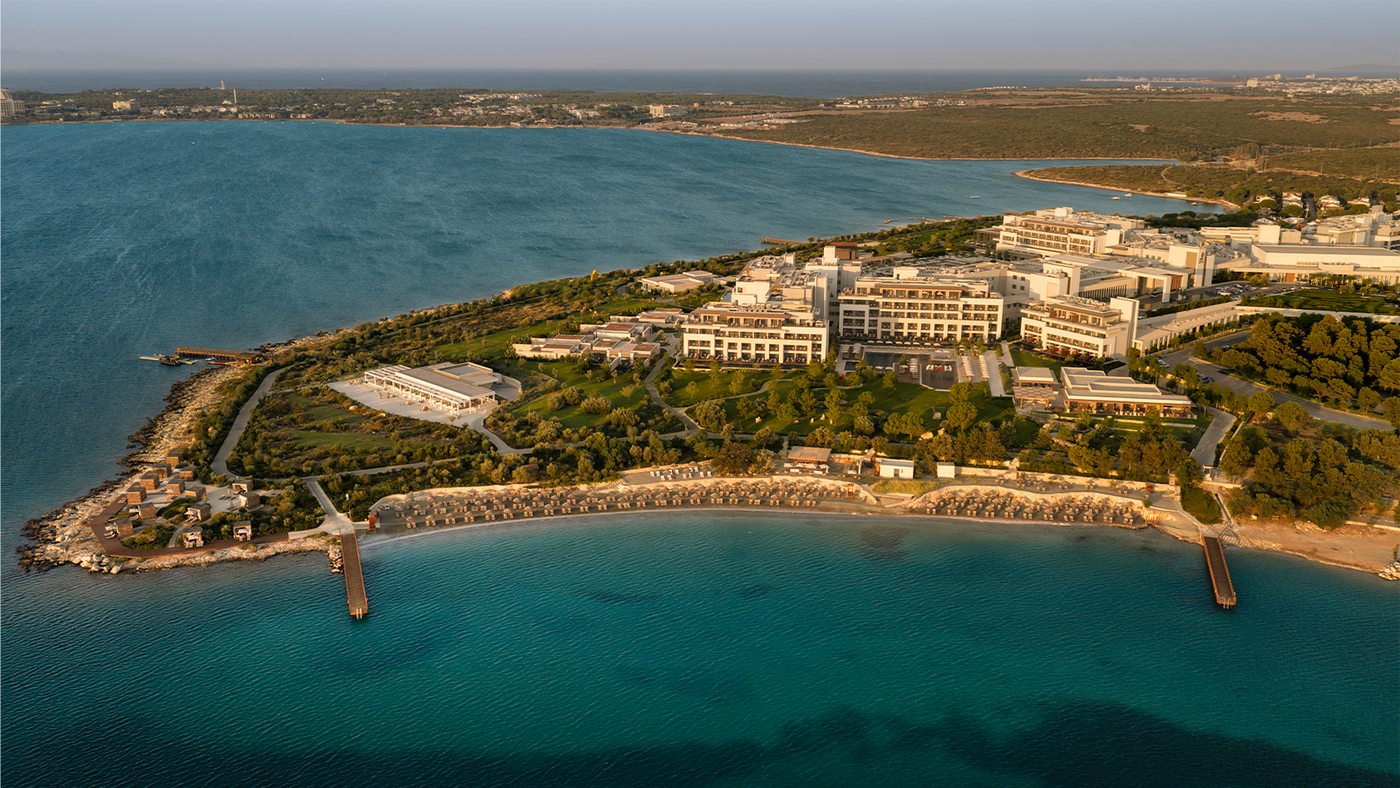 ANDA Barut Collection seen from the air, the resort and its peninsula at golden hour