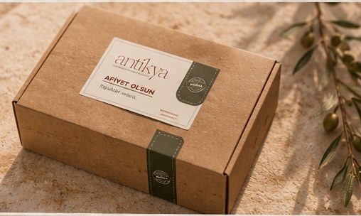 Antikya kraft shipping box with an olive band