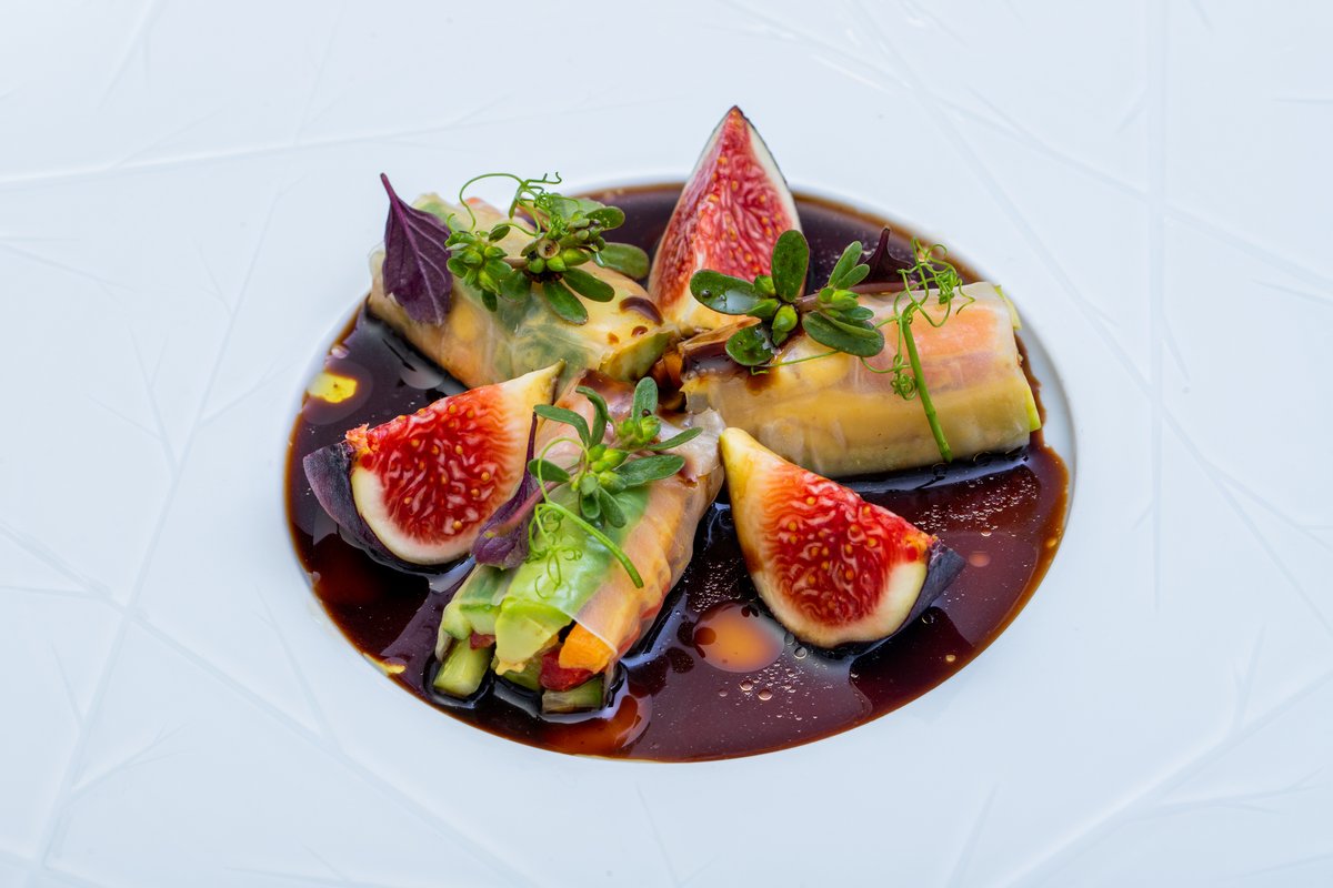 Fig and vegetable roll in a dark reduction