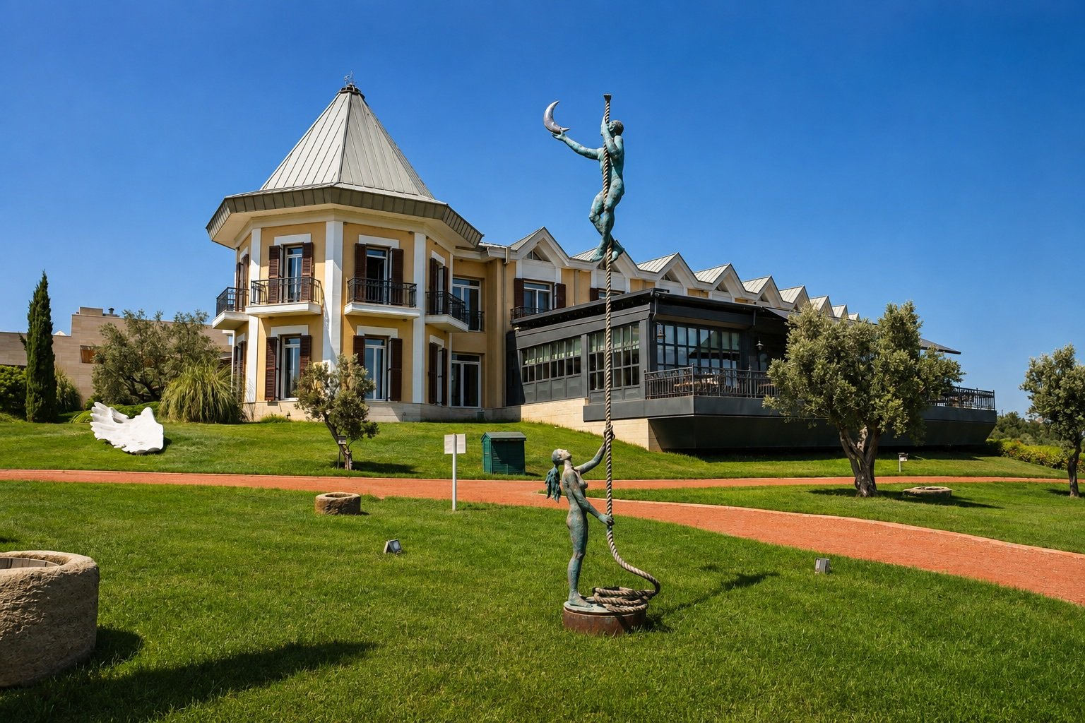 Hotel Caeli main building with sculptures in daylight