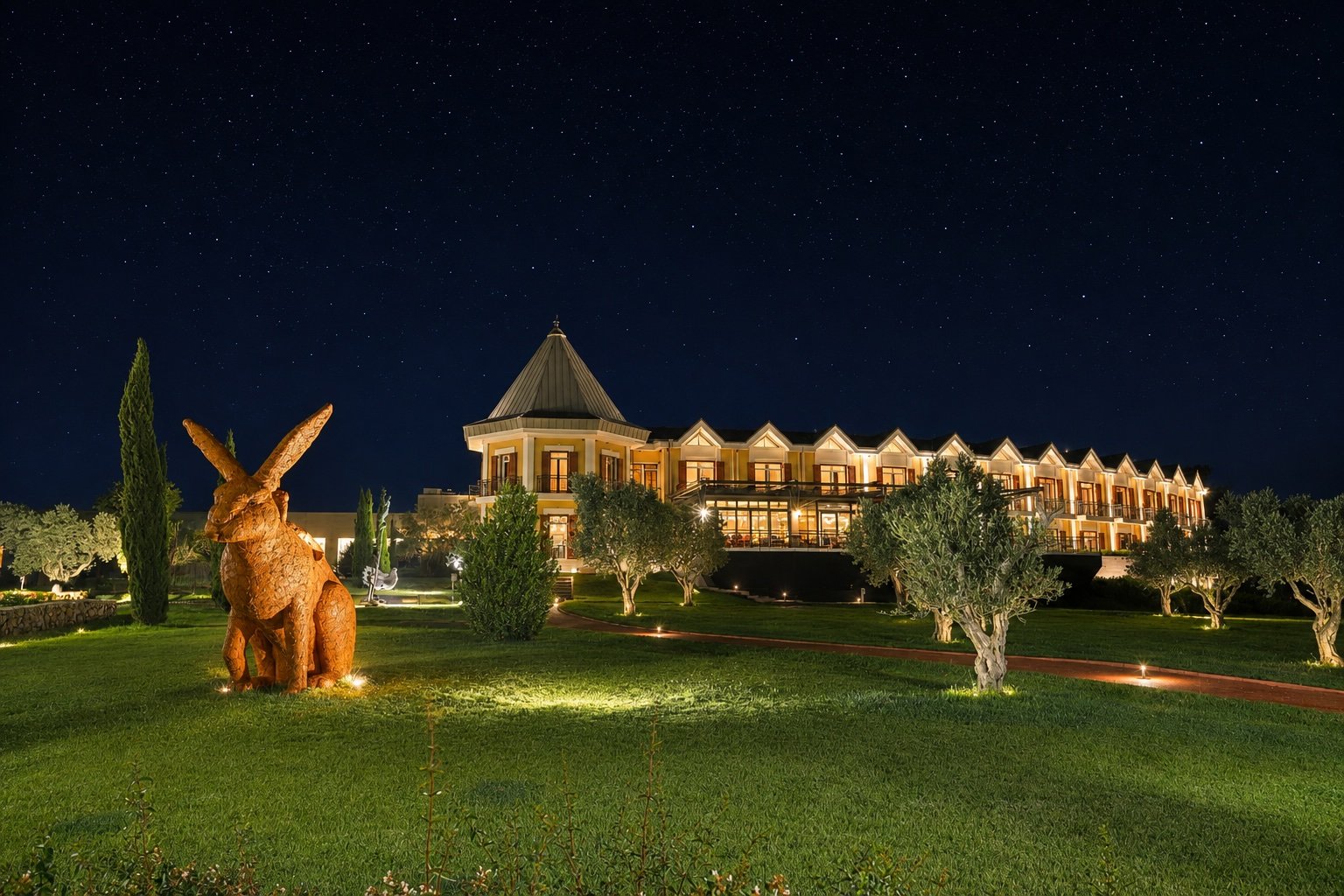 Hotel Caeli at night under a clear sky