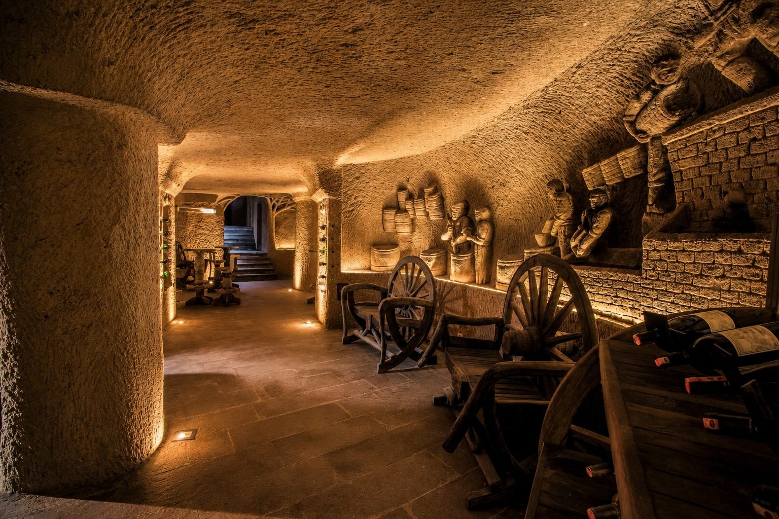 Wine cellar cut into the rock with harvest scenes carved into the wall