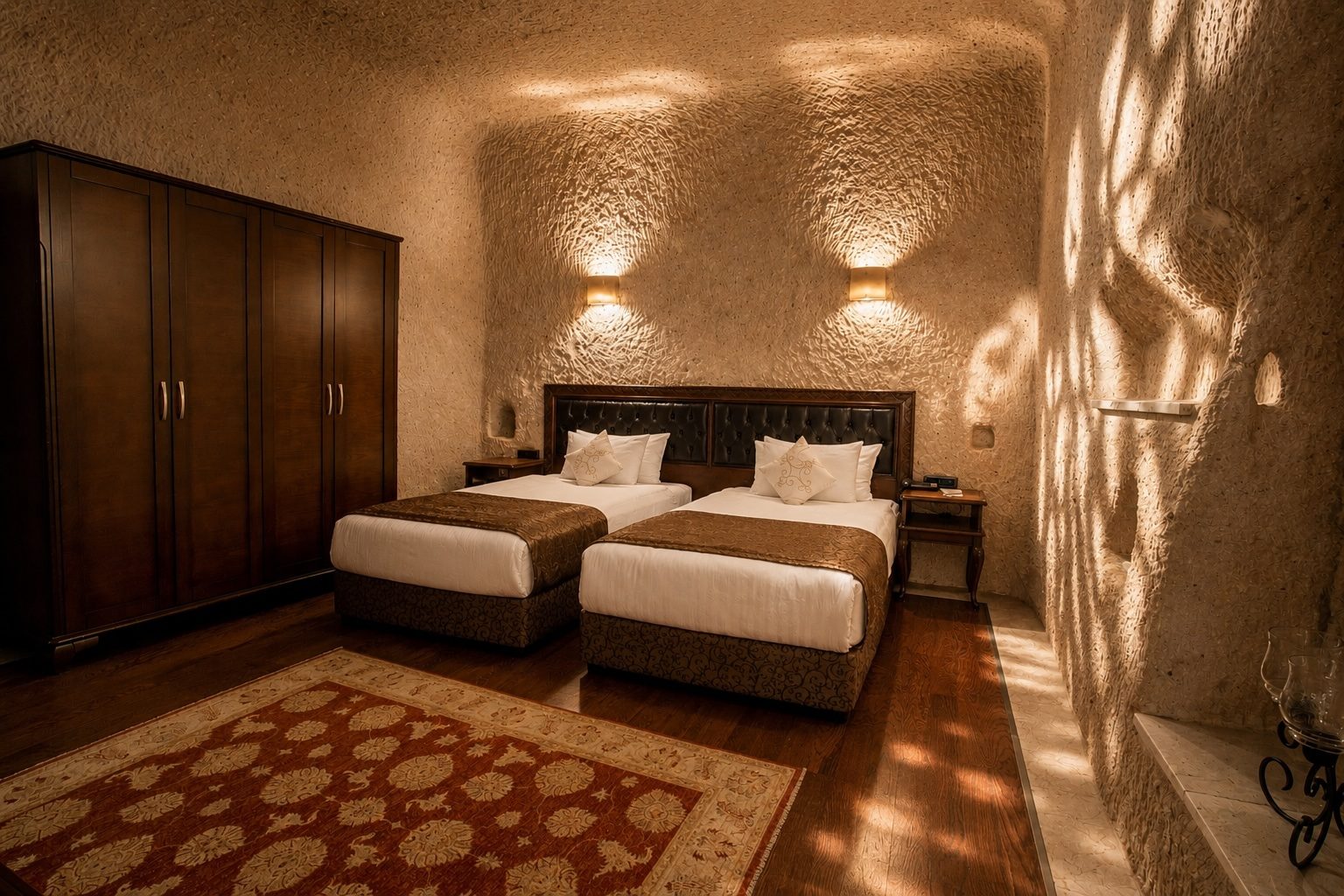 Twin cave room with hand chiselled walls