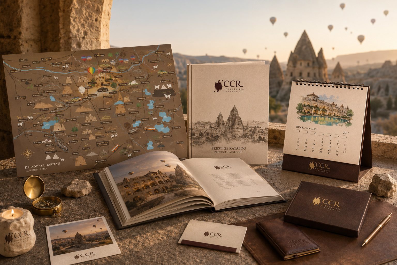 CCR Hotels and Spa corporate identity: prestige catalogue, illustrated Cappadocia map, desk calendar, notebook and guest cards