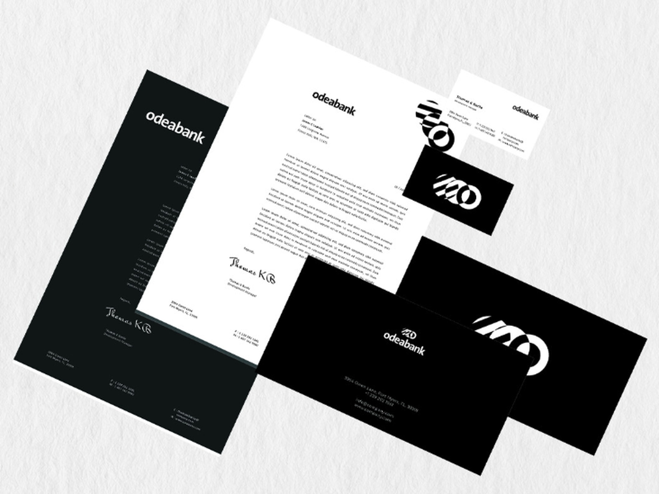 Odeabank corporate identity applications, letterhead, envelope and business cards in black and white