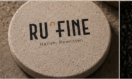 RU'FINE engraved on a travertine coaster