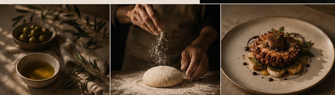 RU'FINE food photography: olives and oil, dough being floured, octopus plate