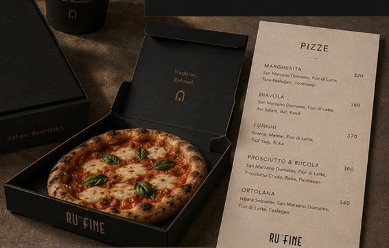 Open RU'FINE pizza box with the printed menu