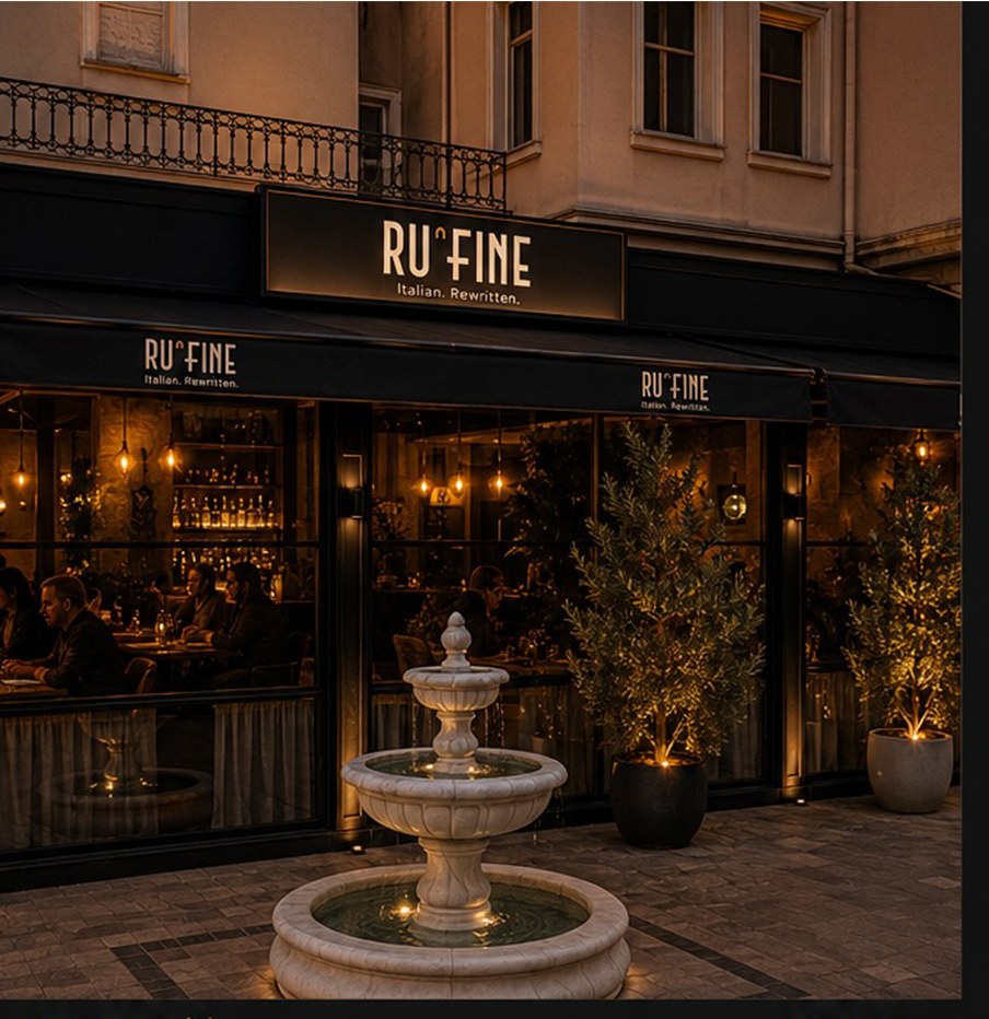 RU'FINE storefront at night with illuminated signage