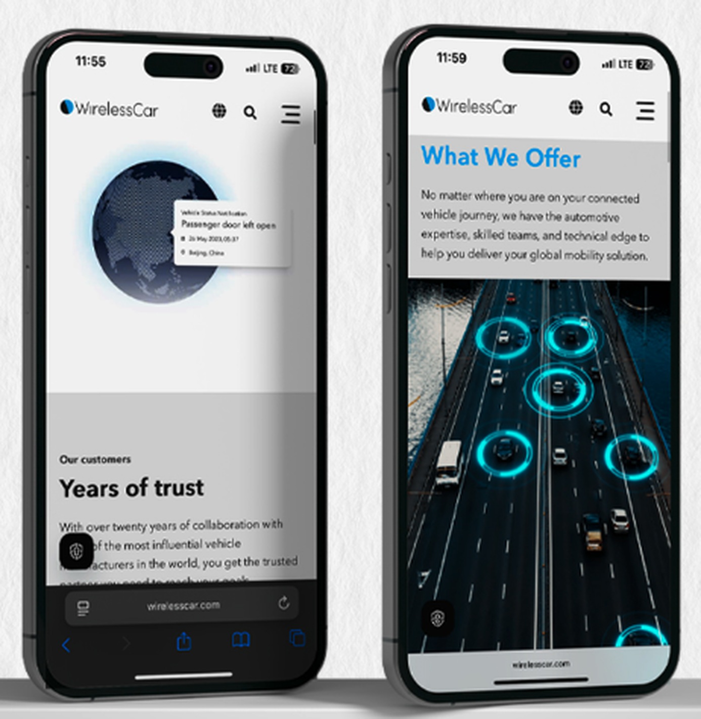 WirelessCar mobile site, home screen and What We Offer section